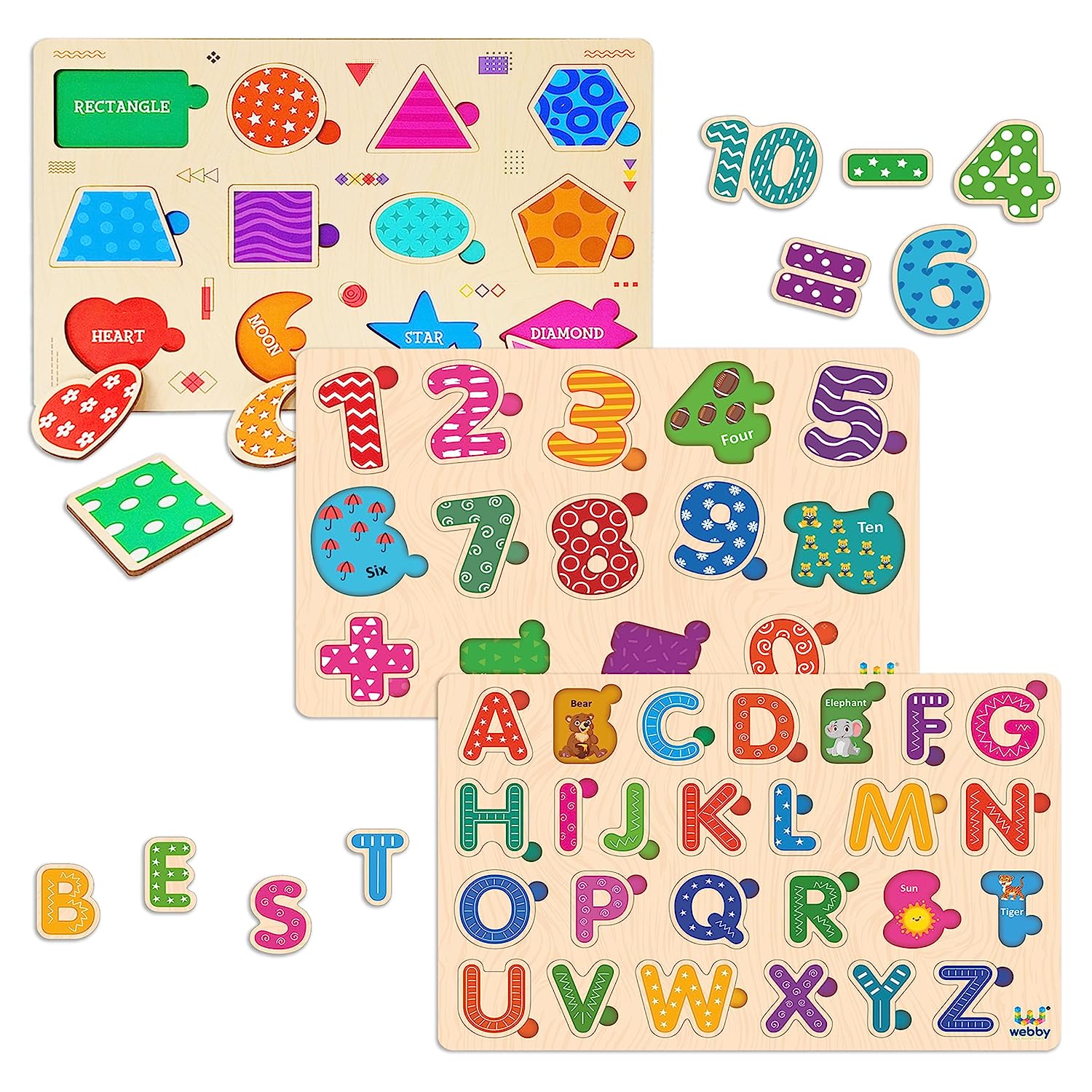 Webby Wooden Educational Colorful Alphabets, Counting Numbers and Shap ...