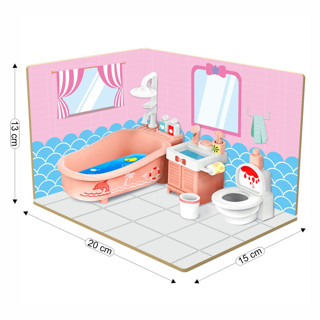 Webby DIY Bath Room Wooden Doll House with Plastic Furniture